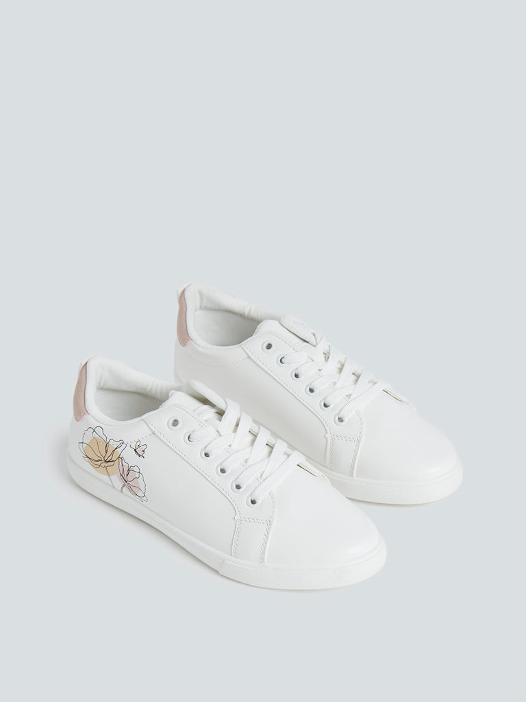 LUNA BLU White Floral Design Sneakers